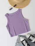 Allwanna  Purple Rib Knit Crop Top Women Preppy Style Solid Sleeveless Round Neck Tanks Top Bodycon Ruched Elastic Vest Y2K Clothes