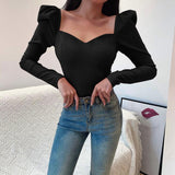 Allwanna  Korean Style Vintage Blouse Women Petal Collar Long Sleeve Sexy Clavicle Ladies Elegant Tops Fashion Casual Daily Base T-Shirt