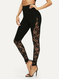 Allwanna  Sexy High Waist Black Lace Leggings Women's Ladies Floral Lace Side Panel Cut Out Black Leggings S-2XL